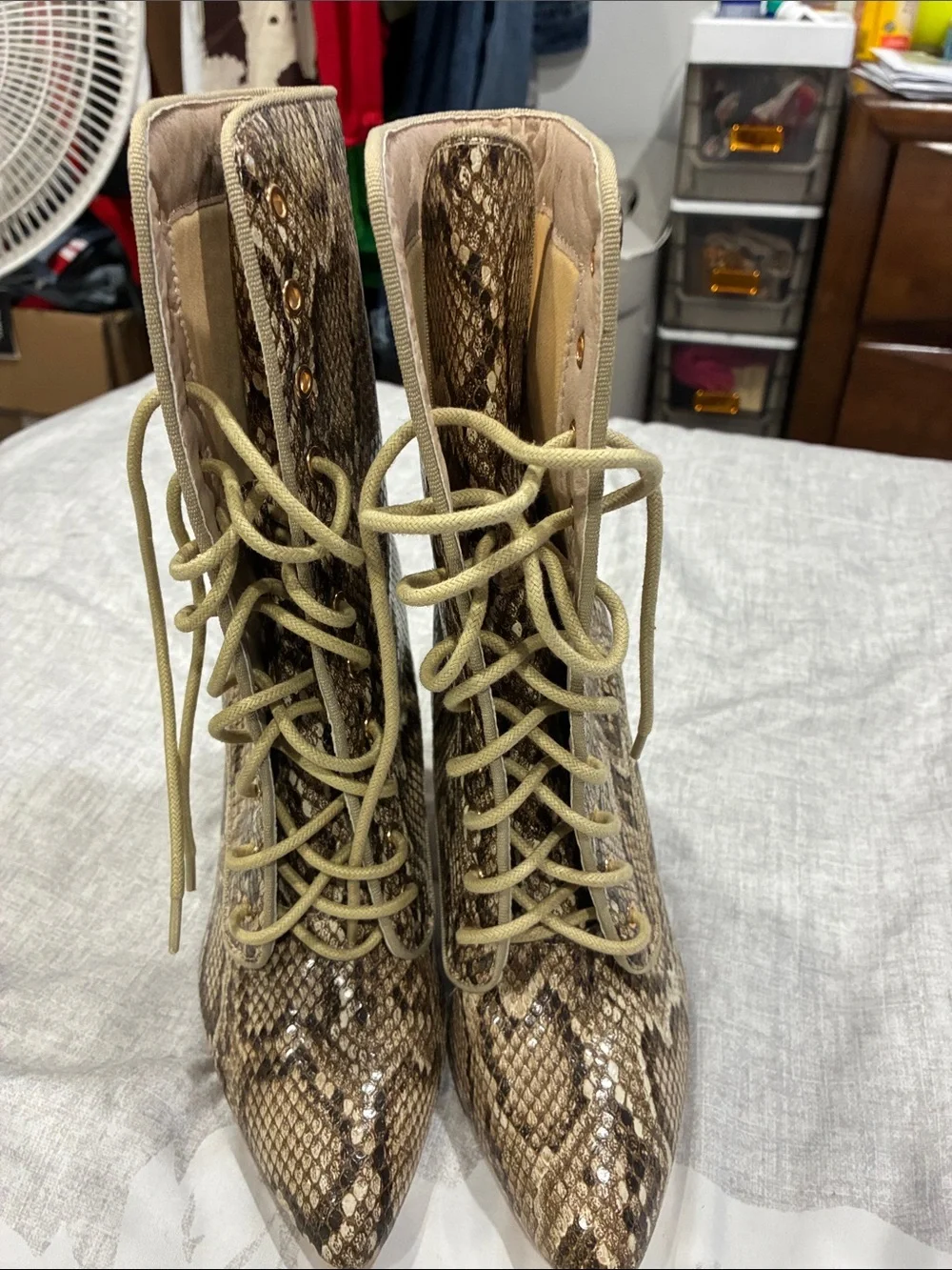 Snake-Print Lace-Up Block Heel Boots in Brown